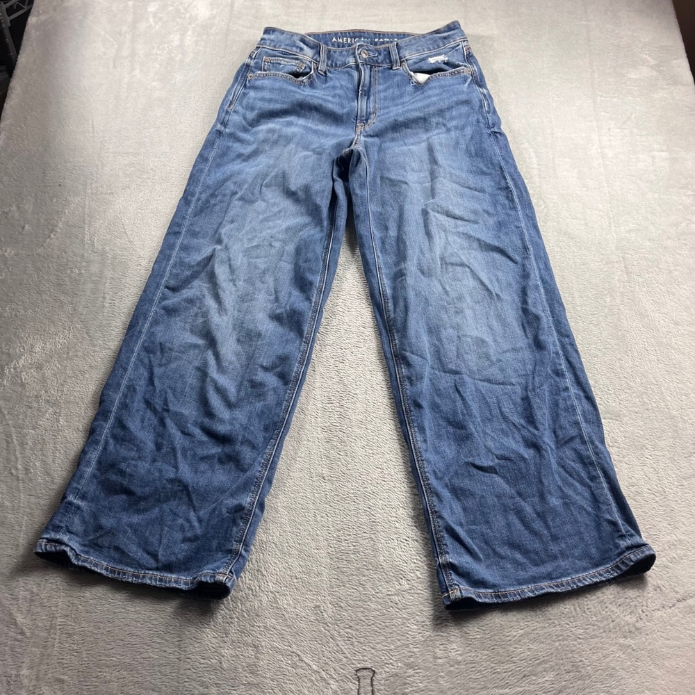 American Eagle Low Rise Baggy Wide Leg Jeans Womens 6 Regular Blue Stretch Denim